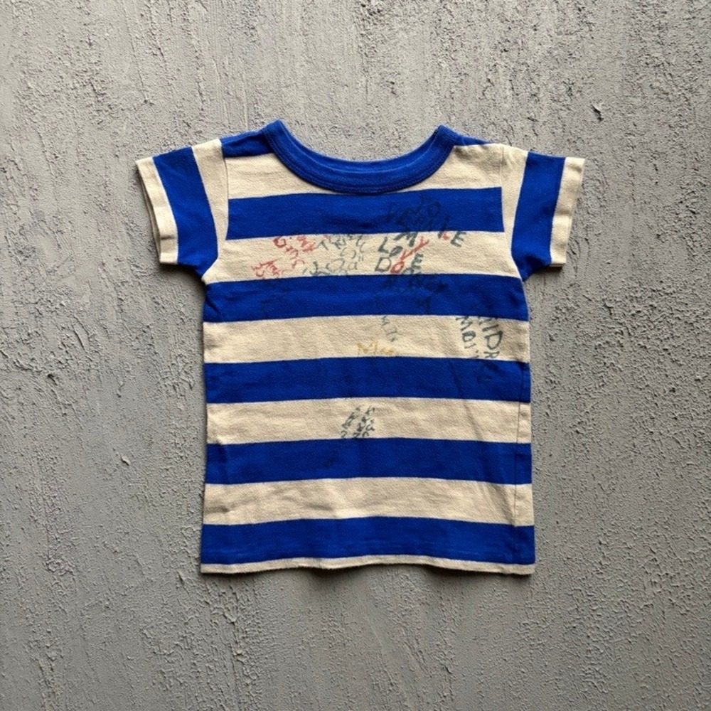 Denim Dungaree T-Shirt Small 100CM Blue Striped Japan Baby Tee